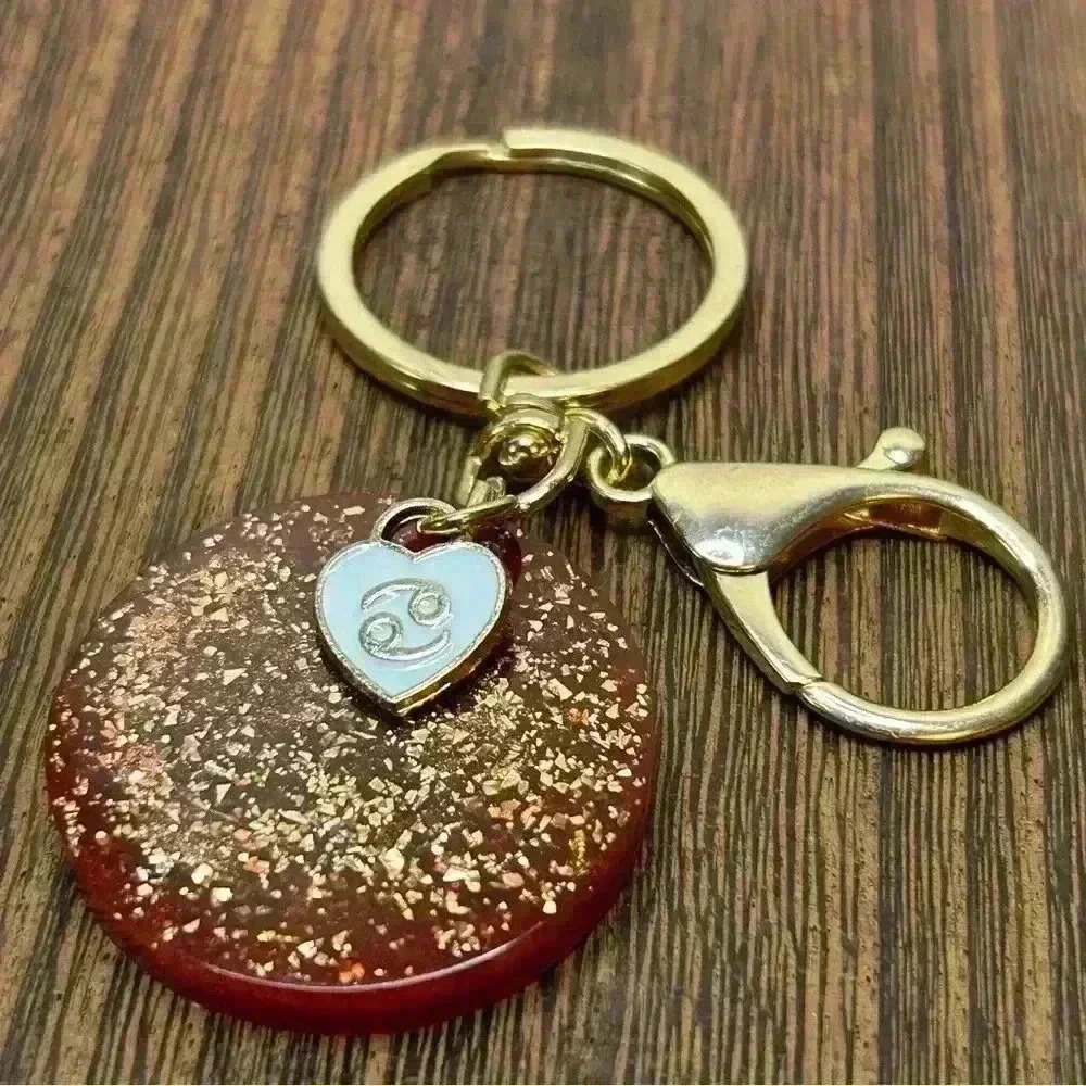 Gold Tone Keychain with Hand Crafted Zodiac Cancer Medallion and Heart Charm